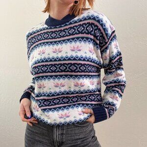 Vintage 1980s/90s Blue Fair Isle Grandmacore Chunky Pullover Sweater